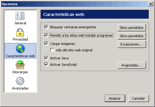 Firefox. Men Herramientas > Preferencias > Caractersticas web