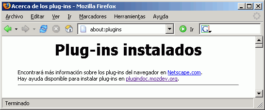 Mozilla Firefox 1.0 - Plug-ins instalados