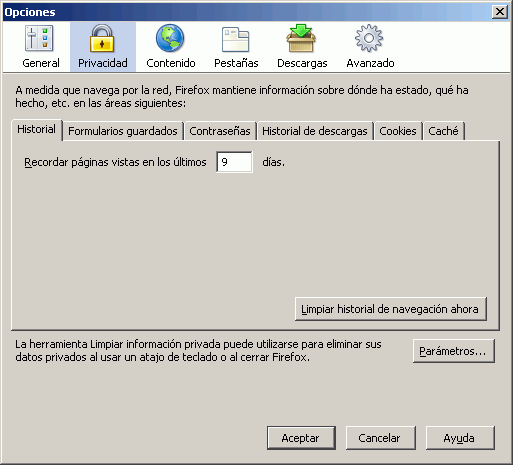 Firefox 1.5 - Configuracin - Herramientas > Opciones > Privacidad