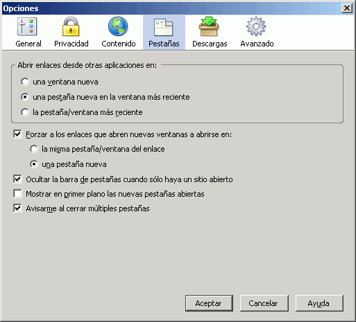 Firefox 1.5 - Configuracin - Herramientas > Opciones > Pestaas