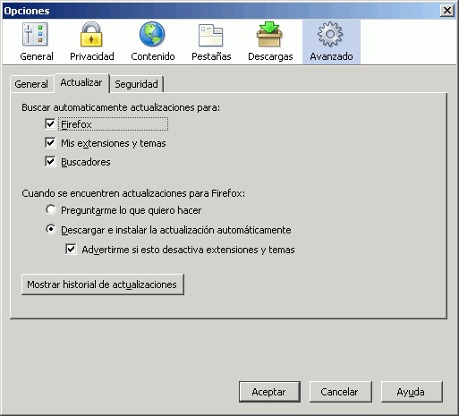 Firefox 1.5 - Configuracin - Herramientas > Opciones > Avanzado > Actualizar