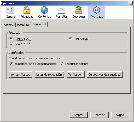 Firefox 1.5 - Configuracin - Herramientas > Opciones > Avanzado > Seguridad