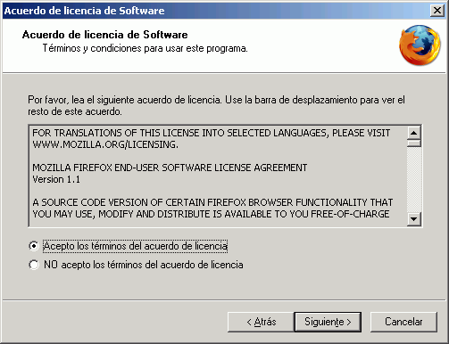 Firefox - Instalacin - Acuerdo de licencia