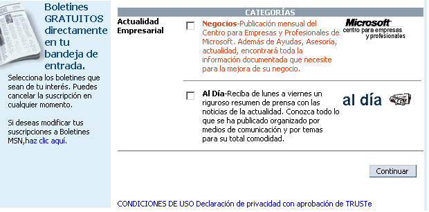 Hotmail - Primera sesin - Elegir boletines gratuitos